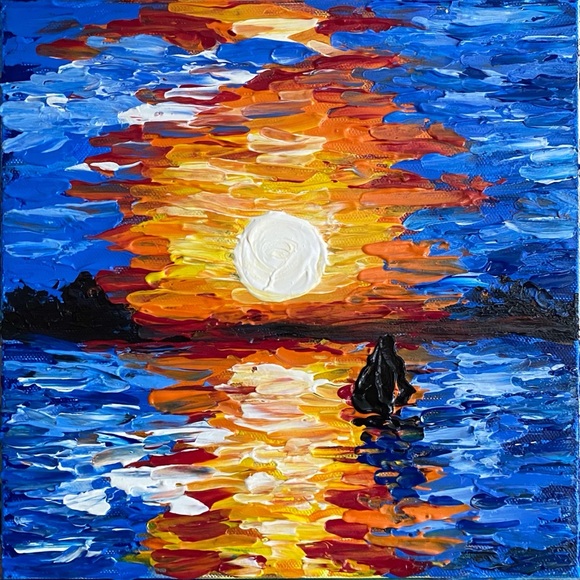 Impasto sunset on the ocean. Original acrylic painting signed by the artist new - Picture 8 of 11